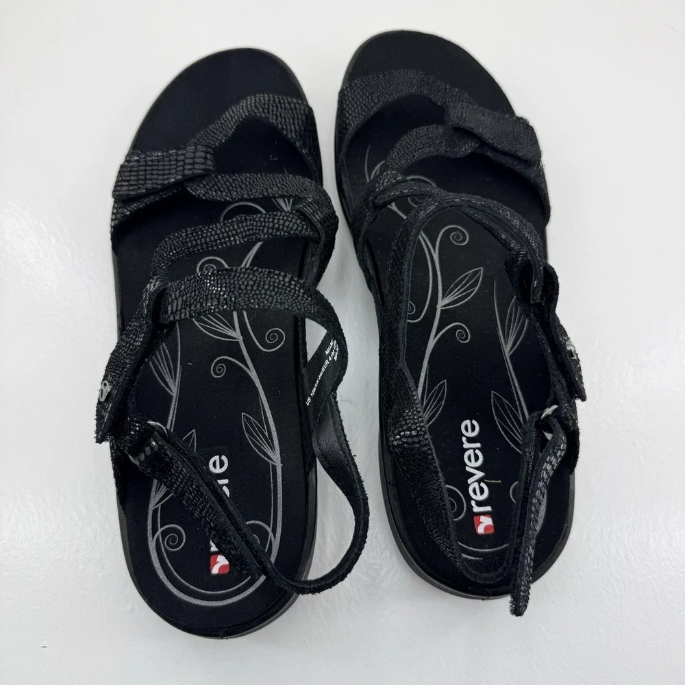 Revere Emerald Miami Women's US Size 10 Black Leather Arch Support Strap Sandals